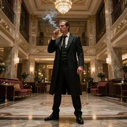 concept art by Stan stalenhag of Agent 47 smoking a spliff!! in the lobby of a hotel. epic wide angle shot, cinematic lighting photorealistic, award winning on Artstation, hyper detailed, hyper realistic.