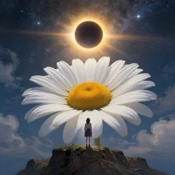 giant white daisy flowers head, girl standing on cliff, surreal photography, solar eclipse, milky way, dramatic light, impressionist painting, clouds, digital painting, artstation, james gilleard, liam wong, jeremy mann, simon stalenhag