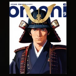 1 9 7 9 omni magazine cover of hiroyuki sanada in a samurai hat. simple stylized cyberpunk photo by josan gonzalez.