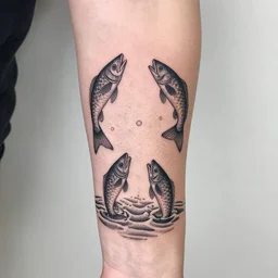 design of the dot work arm tattoo, fishes jumping out the water, detailed tattoo design, instagram tattoos, pejczi