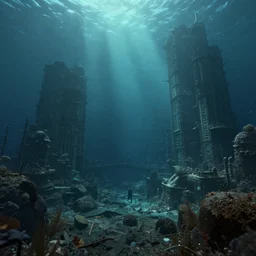 middle age city underwater, high details, moody, wide shot, andreas rocha, marc simonetti, cgsociety