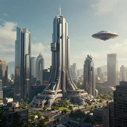 cyberpunk, concept art, octane render, detailed, trending on artstation, realistic, futuristic, buildings, city, flying ufo,