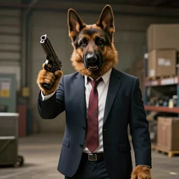 film still of the main character furry anthro anthropomorphic german shepard head animal person fursona wearing clothes a suit and tie standing holding a pistol in the warehouse scene in an action movie posing for the camera 2020, 4k