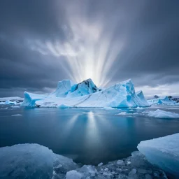 blue icebergs of the frigid north, dramatic, ultra - wide angle, long exposure, ultra - hd, beautiful lighting, ray tracing ambient illumination, in a symbolic and meaningful style, heavenly perspective, trending, award wining, featured, concept art, hyper realism