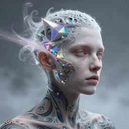 A fractal Mesmerizing 8k hyperrealistic Photo Portrait of a pale skinned human with a tattoo by Joe Fenton that is transforming into iridescent geometry, cyberpunk, Surrounded by Mist, highly detailed, intricate, sci-fi, sharp focus, art by Ayami Kojima, Daytoner, Greg Tocchini, James Jean,Yoshitaka Amano. Subsurface scattering. Octane Render.