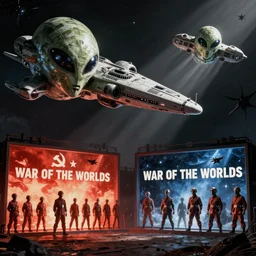 war of the worlds ans space invaders scene, communist outfit propaganda, alien style, starship