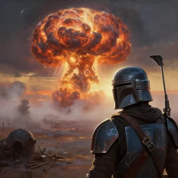 close up mid shot of mandalorian with backlight watching giant atomic nuclear war explosion cloud on neptune graveyard wasteland  with fog during moody sunset  , panoramic cinematic very sharp oil painting by frazetta