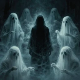 Ghosts swirl around a human figure | Dark void filled with spirits | Haunting