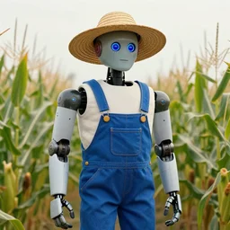 a film still of a humanoid robot wearing a straw hat blue overalls in the corn field, chappie, transformers, photorealistic, 8 k