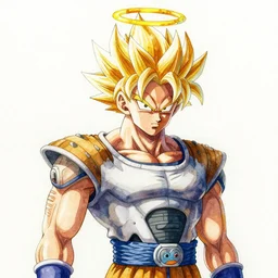 a watercolor painting of a cyborg super saiyan with a broken halo floating over their head in the style of cyberpunk in the style of moebius trending on artstation deviantart pinterest hyper detailed photorealistic highlights and shadow hd 8 k post - processing high resolution