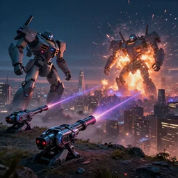 futuristic laser canons on a hill shooting at giant robots destroying a city far away in the distance at night, explosion far away, hyperdetailed, artstation, cgsociety, 8 k