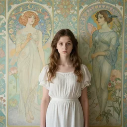 a young elegant girl in front of a wallpaper by ernst haeckel, daguerreotype by edward hopper, by henri rousseau, by Bosch, art noveau, highly detailed, strong lights, liminal, eerie, Bright pastel colors, octane render, 8k,