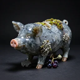 a pig and berry sculpture, obsidian and glass and pumice and japanese glazed pottery, moss, lichen, black background, dramatic lighting,