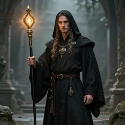 A druid magician DND character wearing a black robe.