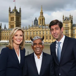 Liz truss and Rishi sunak and the devil laughing together in parliament. Daily Telegraph.