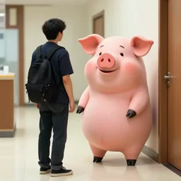 pigman stands next to an ordinary person in the hall, photo in color, photo in 4 k