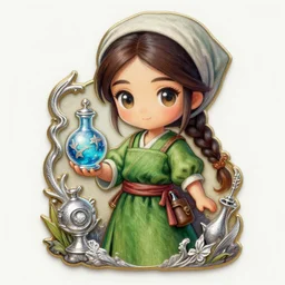 a portrait of japanese girl farmer wearing green dress, magic potion, silver magic, fantasy, dungeons and dragons, an ultrafine detailed painting, chibi, detailed painting, boris valejo. octopath traveler decal!!!