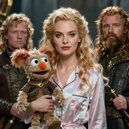 detailed ultrarealistic photography medium shot of fantasy cyberpunk queen in pajama and furry muppet puppet leyendecker, norman rockwell, greg rutkowski, artstation cinematic, vray game of thrones, lord of the rings