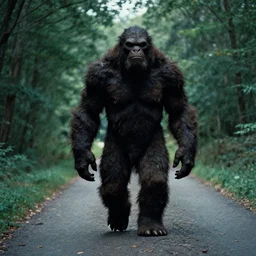 a 1 9 0 0 s grainy photo of a dark giant creature walking in a forest road