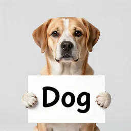 professional photo of a dog holding a sign that says dog written on the sign