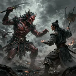 a beautiful digital artwork depicting a battle between a demon and a warrior, eerie, intense, concept art, matte painting, 4 k, detailed