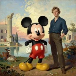 a photograph of mickey mouse standing in an ancient classical landscape ivan aivazovski, andreas achenbac