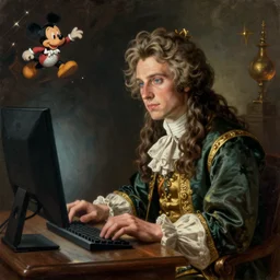 A fantasy comic book style portrait painting of limmy, Caucasian, using his desktop pc, François Boucher, Oil Painting, Mystical, unreal 5, DAZ, hyperrealistic, octane render, Regal, Refined, Detailed Digital Art, RPG portrait, William-Adolphe Bouguereau, Michael Cheval, Walt Disney (1937), dynamic lighting, Highly Detailed, Cinematic Lighting, Unreal Engine, 8k, HD
