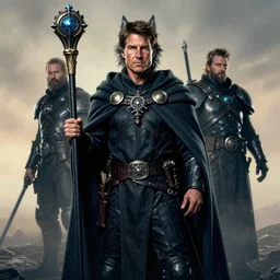 full character potrait of a genetic combination between tom cruise & wolf, holding a ceremonial staff, wearing a cloak, zdzislaw beksinski, lewis jones, dariusz zawadzki, wayne barlow, warhammer fantasy, cold hue's, warm tone gradient background, concept art, 4 k, ultra - high - definition