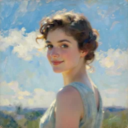 a portrait of zelda fitzgerald as a beautiful young lady wearing < 1 9 2 0 s > fashion, blurry face, brown hair, slim, fair, turning her head and smiling, severe out of focus, depth of field, azure sky, white clouds, pleinairism,, in the sun, backlit, closeup, oil on canvas, by monet, in the style of le promenade, smooth, impressionnisme, 8 k