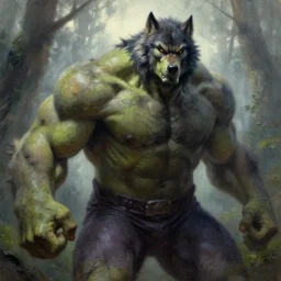 frazetta hulked oversized rugged wolf werewolf concept art macro medium close up shot in deep forest, mist, overcast, backlighting, oil painting by frank frazetta by greg rutkowski