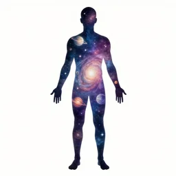 A psychedelic silhouette of a human body filled with the universe, planets, stars and galaxies