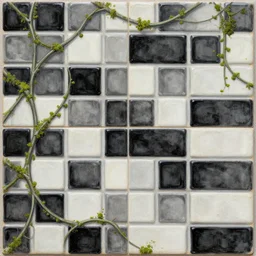 🖤 🤍 pattern, masonry bricks with vines and mossy growth. fantasy oil painting as a fancy ceramic tile design