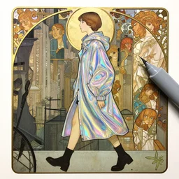 an art nouveau copic maker illustration of an student girl walking on a distopic city wearing an holographic anorak designed by balenciaga by john berkey by stanley artgerm lau, greg rutkowski, thomas kinkade, alphonse mucha, loish, norman rockwell