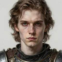 portrait painting of a pale serious young man, soft face and medium brown wavy hair wearing armor, ultra realistic, smaller ocular orbit, concept art, intricate details, eerie, highly detailed, pursed lips, melancholy expression, photorealistic, turned - up nose, prominent chin, octane render, 8 k, unreal engine. art by artgerm greg rutkowski alphonse mucha