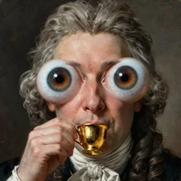 Samuel Johnson massive eyes sipping a tiny gold cup, meme, Sir Joshua Reynolds, 1775 oil painting, 8k, photorealistic brush strokes, trending on artstation