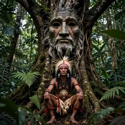 a shaman sitting in the jungle, a tree behind him with a giant face of an old man in the trunk, hyper detailed, high contrast, art by christophe vacher