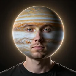 A portrait of a man with a head made of planet Jupiter, backlight, volumetric lighting, detailed, trending on artstation