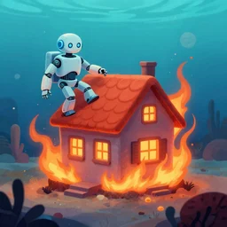 a house burning underwater, with a humanoid robot, 8 k resolution, colorful, mariana trench