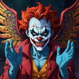 4K headshot of godlike clown with blue skin and defined arms and open hands and bloody clothes with giant mandala wings , intricate face , flawless anime cel animation by Kentaro Miura, psychedelic , highly detailed upper body , professionally post-processed , beautiful, scary, symmetry accurate features, epic, octane rendered, anime masterpiece, accurate
