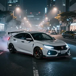 honda civic type-r drift at illegal car meet, shibuya prefecture, midnight mist streetlights, color grade, photorealistic, highly detailed wheels, highly detailed