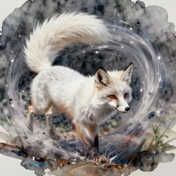 a messy watercolour of a white fox swirling in a wet tornado, highly detailed, digital painting, artstation, concept art, smooth, sharp focus, dynamic volumetric lighting, radiant, prismatic, ultrarealistic, cinematic, octane render