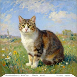 A painting of a cat under the sky in a field, by ((((Leonardo da Vinci, Ross Tran, Claude Monet)))), cgsociety, Trending on Artstation