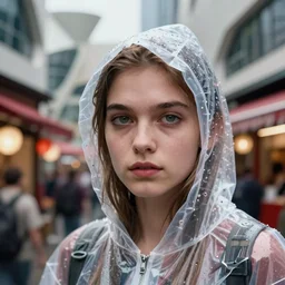 Kodak Portra 400, 8K, highly detailed, wachowski 3/4 extreme closeup portrait, clear eyes, focus on clear transparent raincoat 1990s french model, tilt shift zaha hadid style background: famous blade runner remake, tokyo izakaya scene