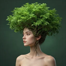 woman with tree growing out of her head, beautiful, artistic, digital art