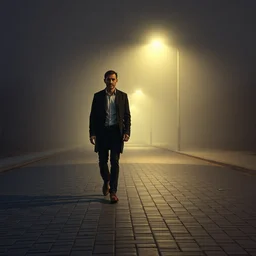 a photograph of an abnormally tall man walking across an empty paved street on a foggy night with dim light from a streetlamp