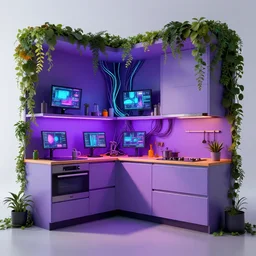 IKEA catalogue photo, high end farm house style kitchen, cyberpunk with neon lighting, screens, monitors, wires, purple, cyan, orange, organic, vines by Beksiński