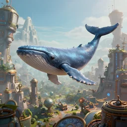 an alien whale flying over a steampunk city, 3d scene, render, ultra realistic, zenith view, Greg Rutkowski, artstation, cgsociety, level design, unreal engine