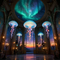 artnouveau jellyfish museum interior design, bioluminescent, steampunk artnouveau, aurora borealis nebula ceiling, candlelight, sunset glow, dark shadows, octane render, volumetric lighting, raytracing, symmetrical wide shot low angle