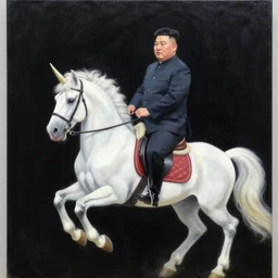 “ north korean leader kim jong un riding a unicorn, 4 k, oil painting, on a black background ”