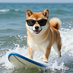 a shiba inu surfing with sunglasses on, looking heckin cool
